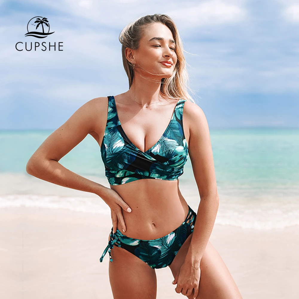 CUPSHE черный и зеленый Твист на шнуровке бикини наборы для женщин твист