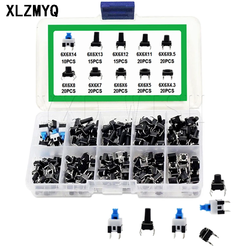 180PCS 10 Type 6*6 Light Micro Touch Switch Set Push Button Switch Kit Assortment Set  6x6 Keys Tact ON/OFF Diy Electronic Pack