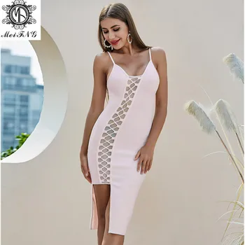 

Wholesale Light Pink Spaghetti Strap Bandage Dress Sexy Mid-length Irregular Hem Ladies Dress