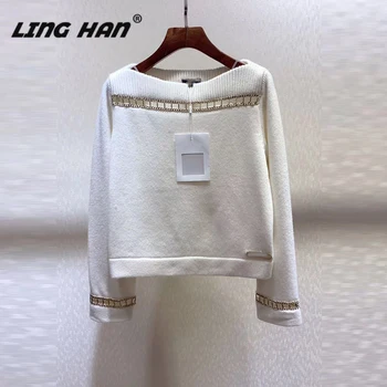 

LINGHAN Fashion Slash neck Cashmere pullover Hollow Out Loose High-quality knit sweater pullover autumn winter new