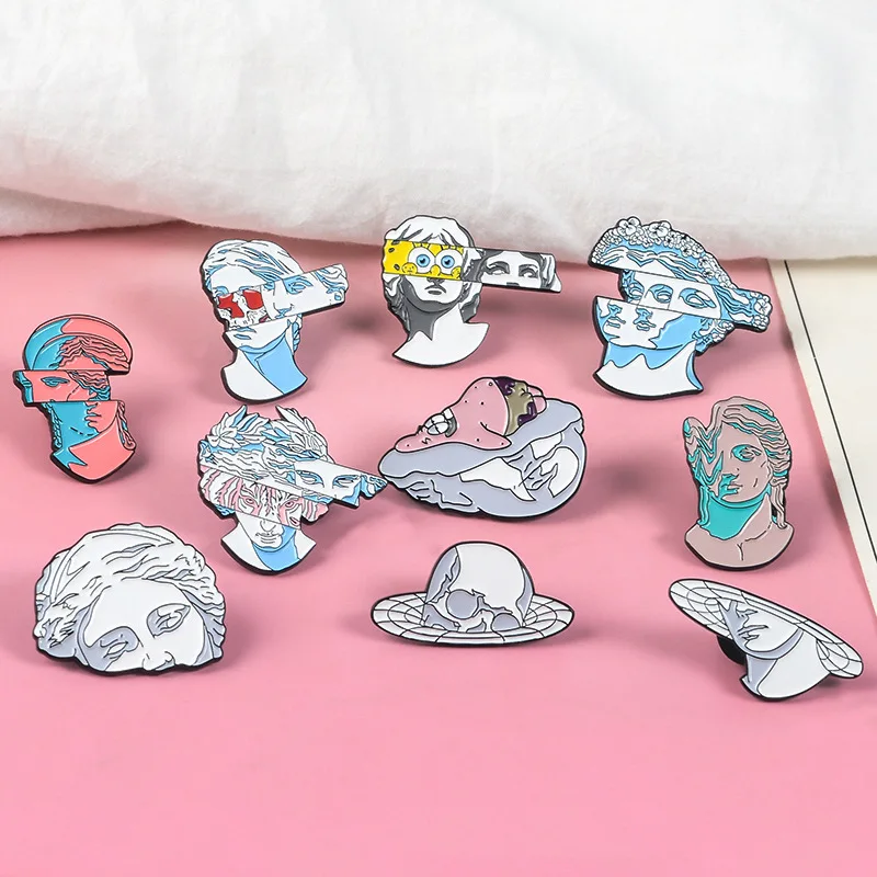 Blue Flower Hair Statue Enamel Pin Classic Brooches Lapel Pins For Backpack Clothes Cartoon Christmas Badges Pins Up Gift