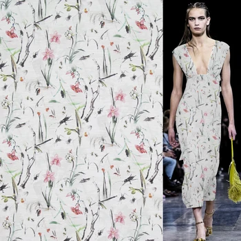 

Animal and plant design insects print silk linen blended fabric 14momme,SLN159