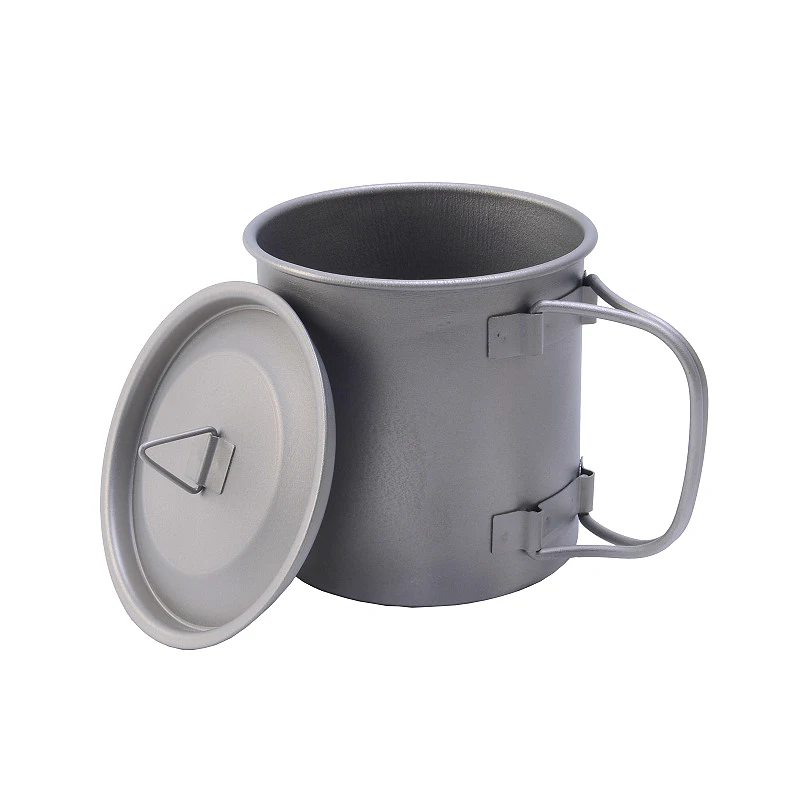Titanium Water Mug Cup Outdoor Camping Cooking Pot Cup with Lid Folding Handle