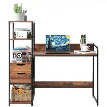 

Computer Desk Writing Desk With Drawer Laptop Study Table with Bookshelf Plant Sundries Storage Rack Home Office Furniture