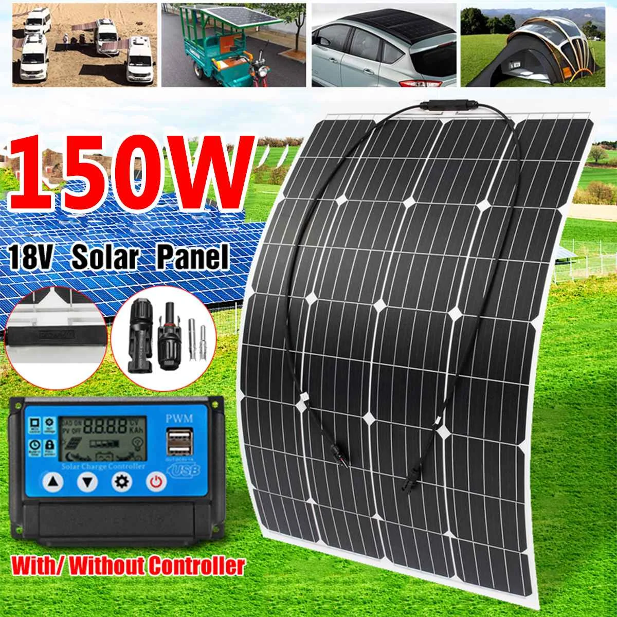 150W 18V Solar Panel with MC4 Cable Connector+ 10/20/30/40/50A USB Solar Charger Controller for Outdoor Camping LED Light