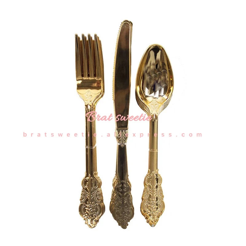 gold Cutlery set Розовое золото пластиковые столовые приборы одноразовая посуда набор Золото Серебро Имитация металла столовые приборы резные тисненые свадебные принадлежности - Цвет: gold Cutlery set