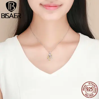 

BISAER Pendant Necklace 925 Sterling Silver Yellow CZ Paved Dancing Fairy Chain Pendant Necklace for Women Collier GAN005