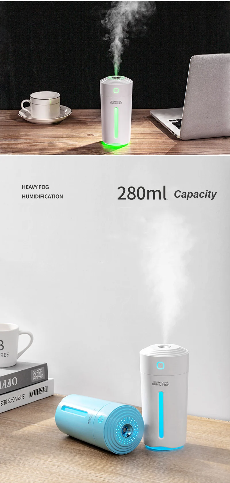 Увлажнитель воздуха Sky Cup, USB, арома-диффузор, 280 мл, мини-увлажнитель воздуха, настольный распылитель для домашнего автомобиля, очиститель воздуха с ночными огнями