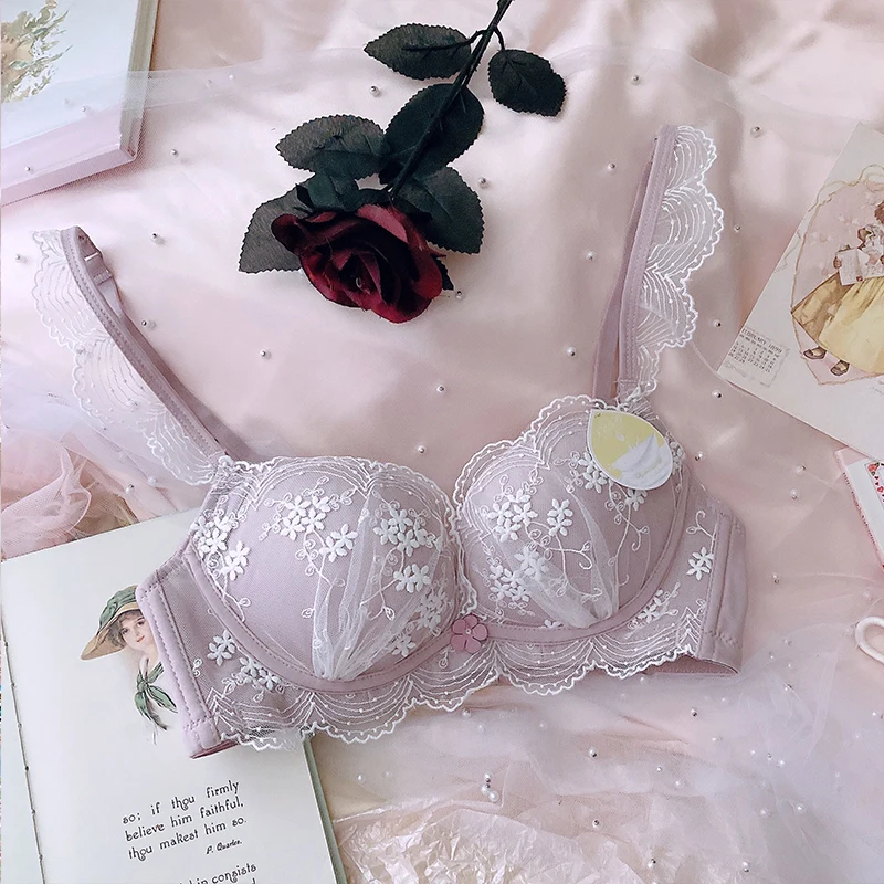 Summer thin cute underwear set pure desire girl fairy soft steel ring transparent perspective petal princess chiffon bra set