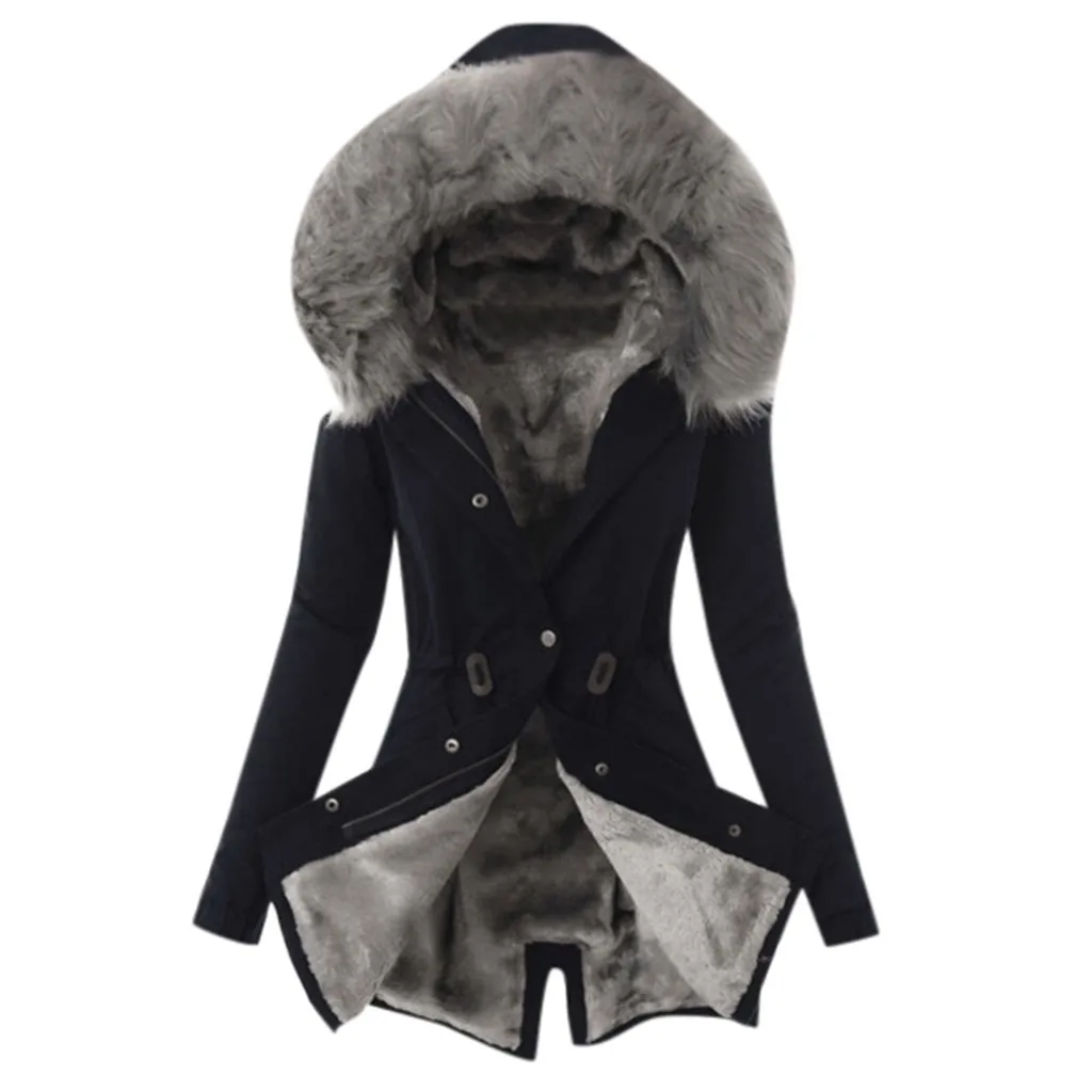 Женский Тренч, куртка, женская зимняя утепленная меховая подкладка, пальто, женская зимняя теплая Толстая длинная куртка с капюшоном, женское тонкое пальто#45 - Цвет: Black