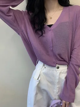 

Women Thin Cardigan Sweaters V-neck Knitted Fashion Long Sleeve Sun Protection Botten Top Ropa Mujer