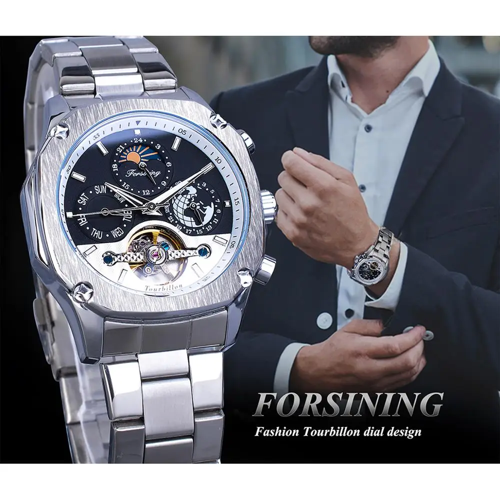 Forsining, автоматические часы, мужские, Tourbillon, механические, серебро, квадратный, нержавеющая сталь, Moonphase, мужские, с автоматическим заводом, Relogio Masculino