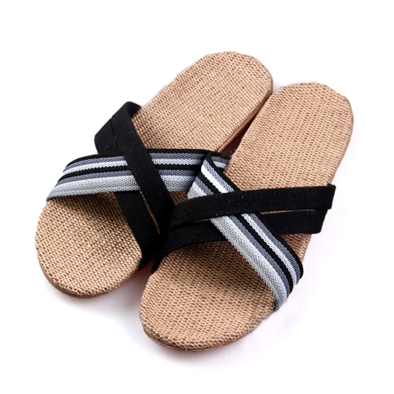 

Men's Fashion Crossing Hemp Slides Home Striped Linen Slippers Wholesale Breathable EVA Flip Flops Couples Casual Flax Sandals