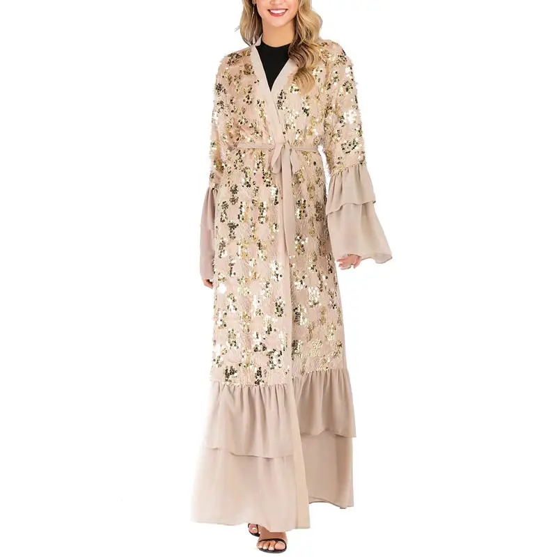 Khaki MISSJOY вечернее закрытое платье в восточном стиле с оборками и с длинными рукавами, элегантные Абайи Свободный кардиган турецкий шифон исламский Костюмы женская накидка в восточном стиле - Цвет: Khaki