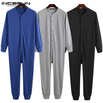 

INCERUN Men Pajamas Jumpsuit Homewear Solid Color Cozy Nightwear Rompers Long Sleeve Button Up Leisure Mens Sleepwear Playsuit