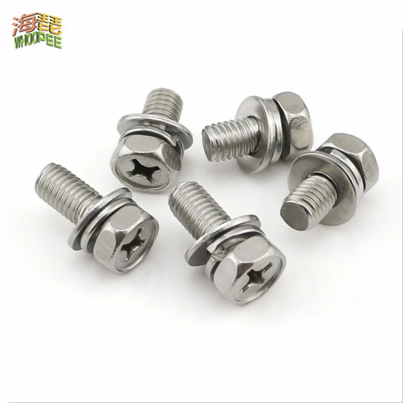 5/50pc M3 M4 M5 M6 M8 Stainless Steel Cross Phillips External Hex Hexagon Head SEM Screw Flat Washer Spring Gasket Assemble Bolt cross phillips screw