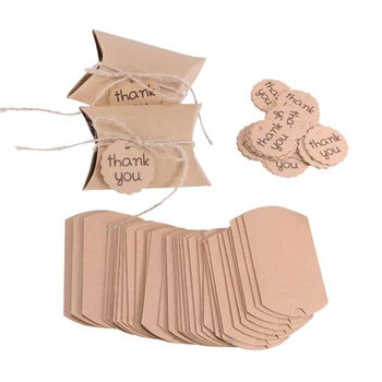 

New 50Pcs Kraft Paper Pillow Candy Box Rustic Wedding Favors Candy Holder Bags Wedding Party Gift Boxes with Thank You Tags