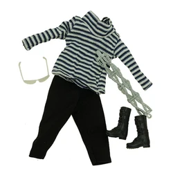 Vêtements HS pour poupée Barbie, tenue, col haut, manches longues, rayures, haut, pantalon court, bottes, lunettes, 1:6, accessoires, jouet, 2022 