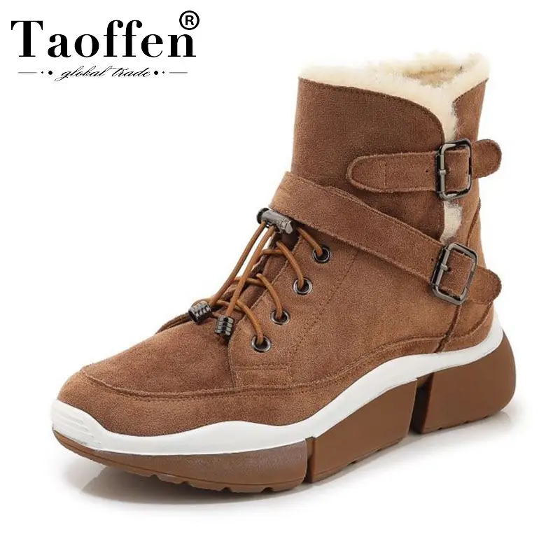 Taoffen Women Buckle Genuine Leather Snow Boots Round Toe New Arrival Warm Ankle Boots Daily Fashion Shoes Women Size 35-39