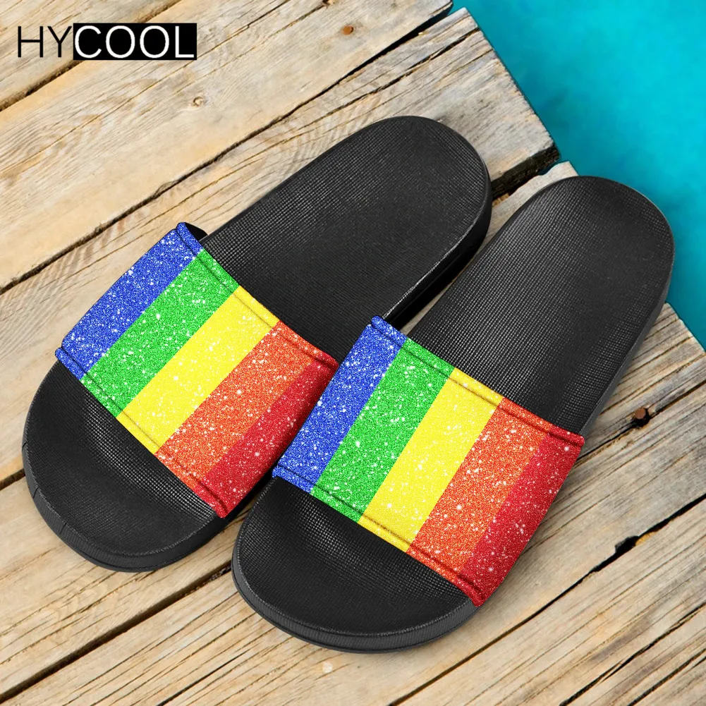 

HYCOOL Fashion Women Rainbow Color Designs Flat Slippers Beach Flip Flops Girls Casual Slip On Outdoor Comfort Slide Sandals