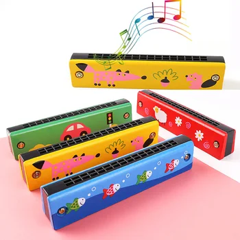 Double Row 16 Hole Harmonica Musical Instruments Children's Wooden Painted Harmonica Creative Early Education Toy New Teaching
