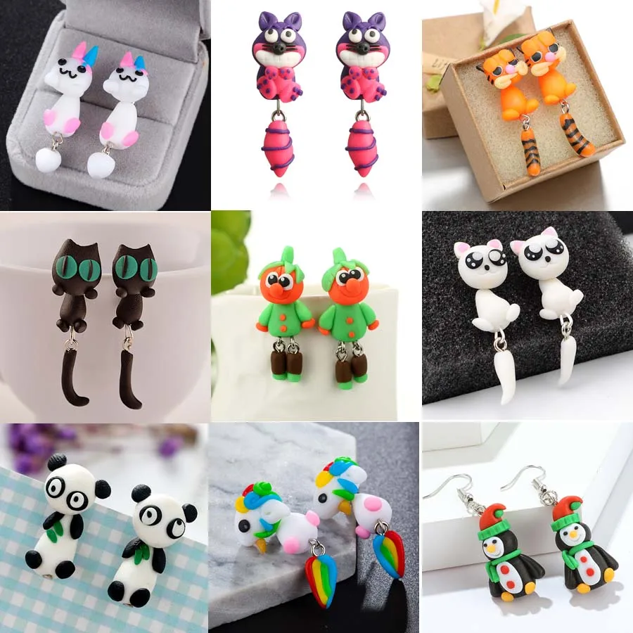 

2019 New Arrive Cartoon Lovely Fox Fish Bird Rabbit Dog Flower Earrings Women Handmade Polymer Clay Animal Stud Earrings