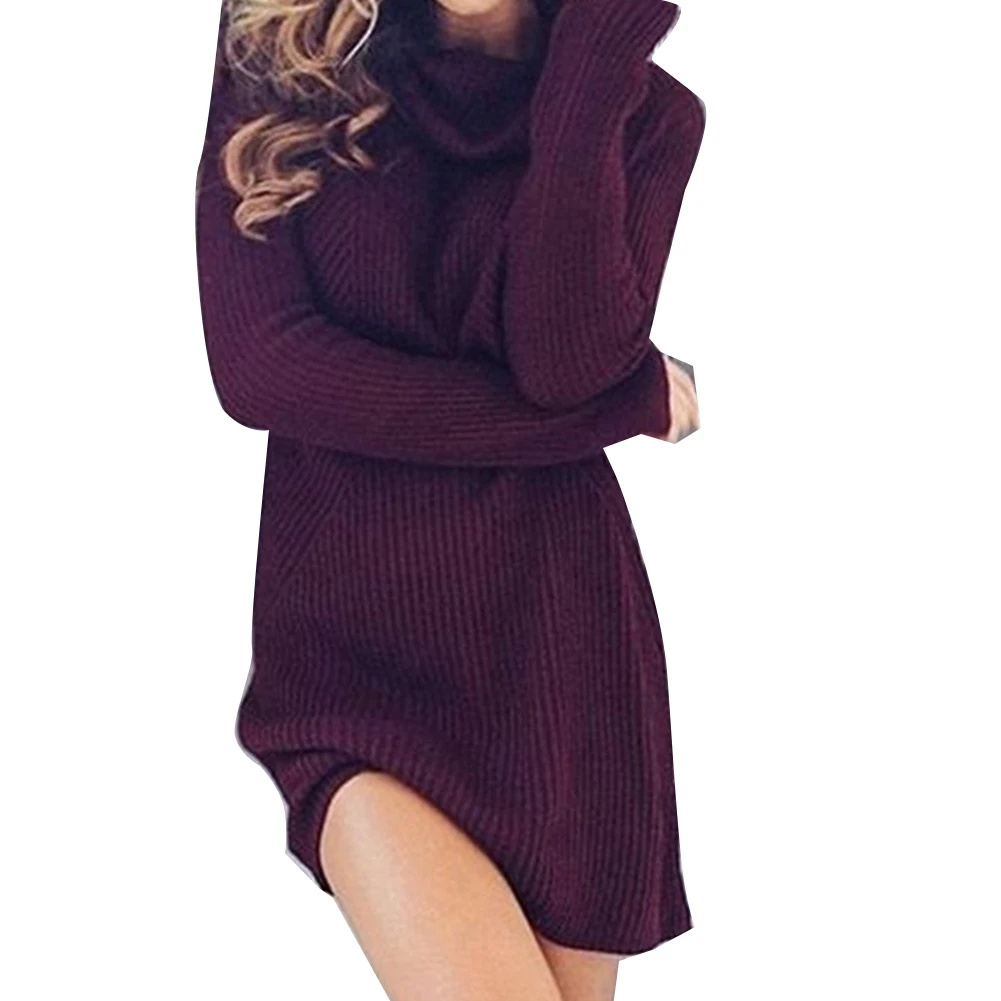 Шикарный женский однотонный Водолазка с длинным рукавом, повседневный Свободный вязаный свитер, платье из полиэстера/спандекса, повседневный теплый женский свитер