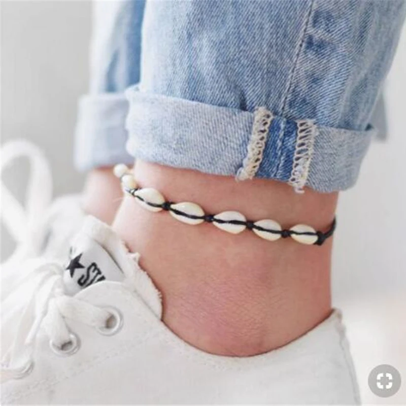 

docona Sea Shell Boho Anklets for Women Adjustable Black Rope Foot Bracelet Anklets Jewelry Beach Outfits Tobillera 4143