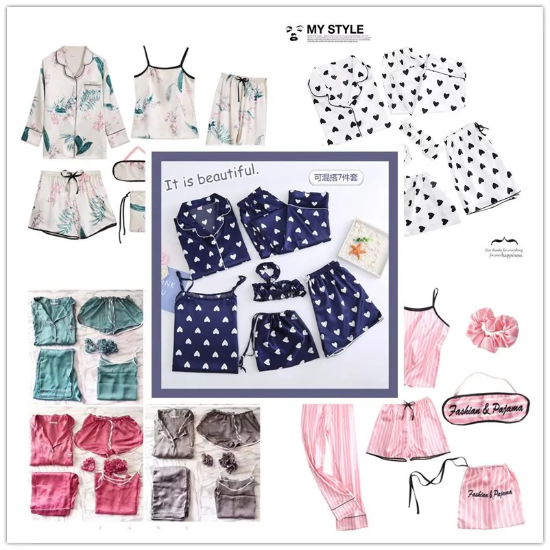 

New Style Spring And Autumn Summer Korean-style Model Silk Trousers Camisole-Women's Pajamas Seven Sets Casual Tracksuit