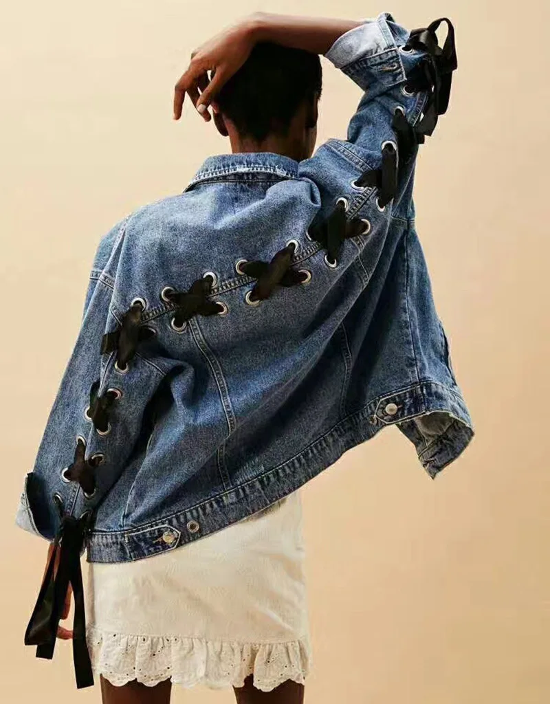 

Back Eyelet Dark Blue Washing Bow Lace-up Jeans Coat Tops