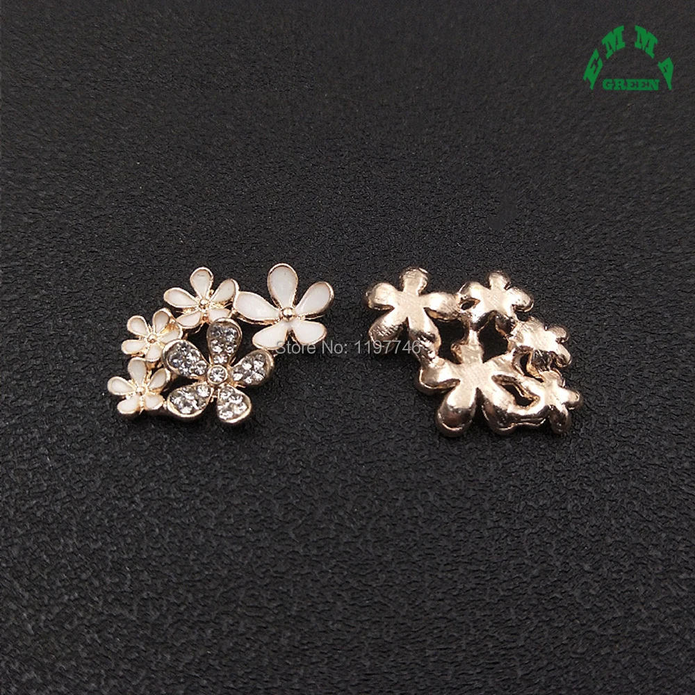 Flower Rhinestone Embellishments 10pcs Cluster White Enamel Buttons Gold Flatbacks for nail art Decorations