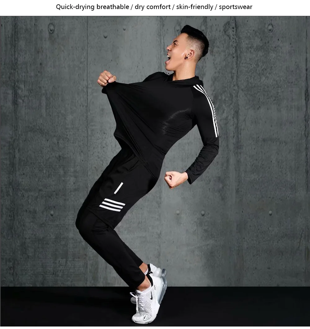 Мужской спортивный костюм, трико для спортзала, тренировочный костюм, мужская спортивная компрессионная рубашка для бега+ шапка, спортивная одежда для фитнеса и бега
