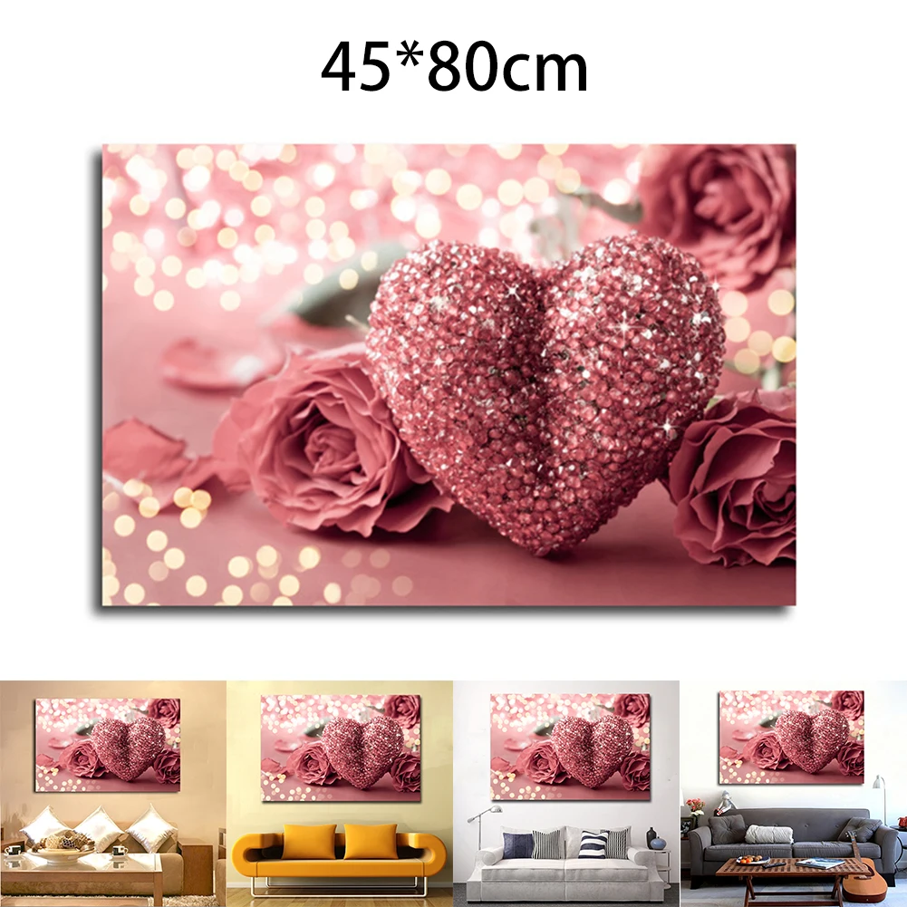 1 * Картина на холсте с розовыми бриллиантами и блестящими розами в виде сердца