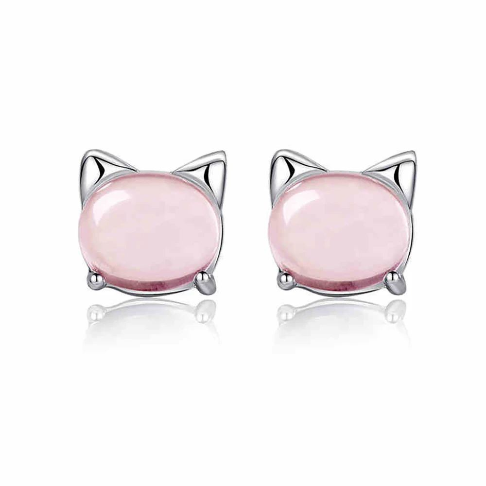 Женские серьги-гвоздики из натурального кварца с милыми котами и животными, серебро 925 пробы, розовый опал, серьги с любовным камнем для женщин