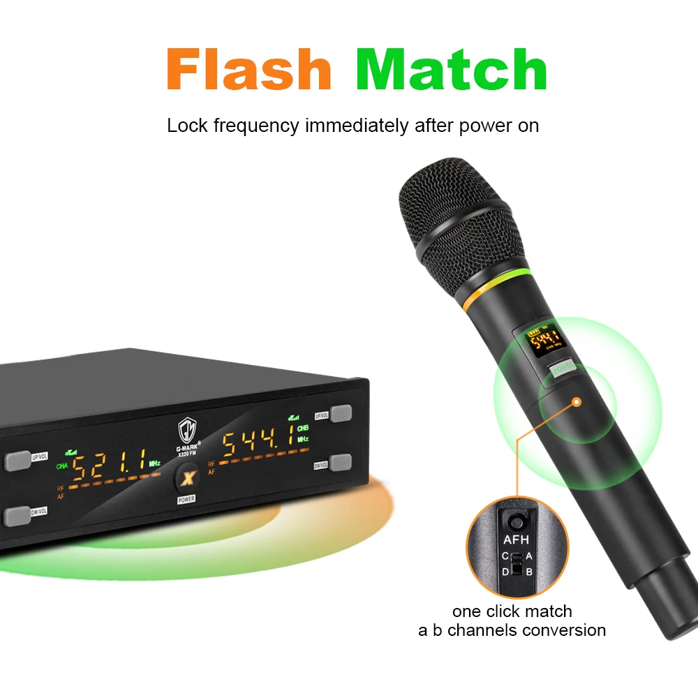 Microfone sem fio G-MARK x320fm uhf profissional handheld dinâmico karaoke mic freqüência ajustável corpo de metal 80m som claro
