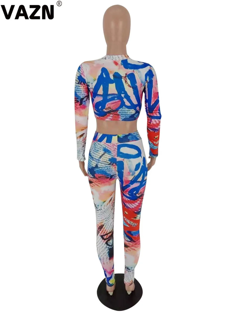 VAZN FST7046 New Design Sprot Print Free Casual Red Young Long Sleeve Top Long Pants Slim Elastic Women 2 Piece Set
