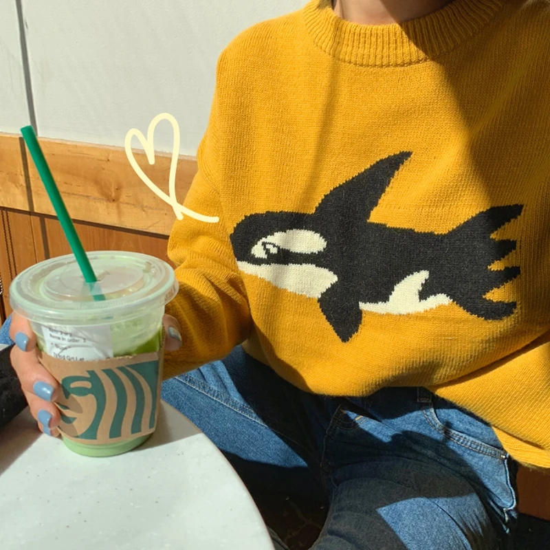 Harajuku Модный женский пуловер с длинным рукавом, свитер, шикарный жаккардовый Женский вязаный свитер с дельфином, повседневный свободный толстый зимний свитер