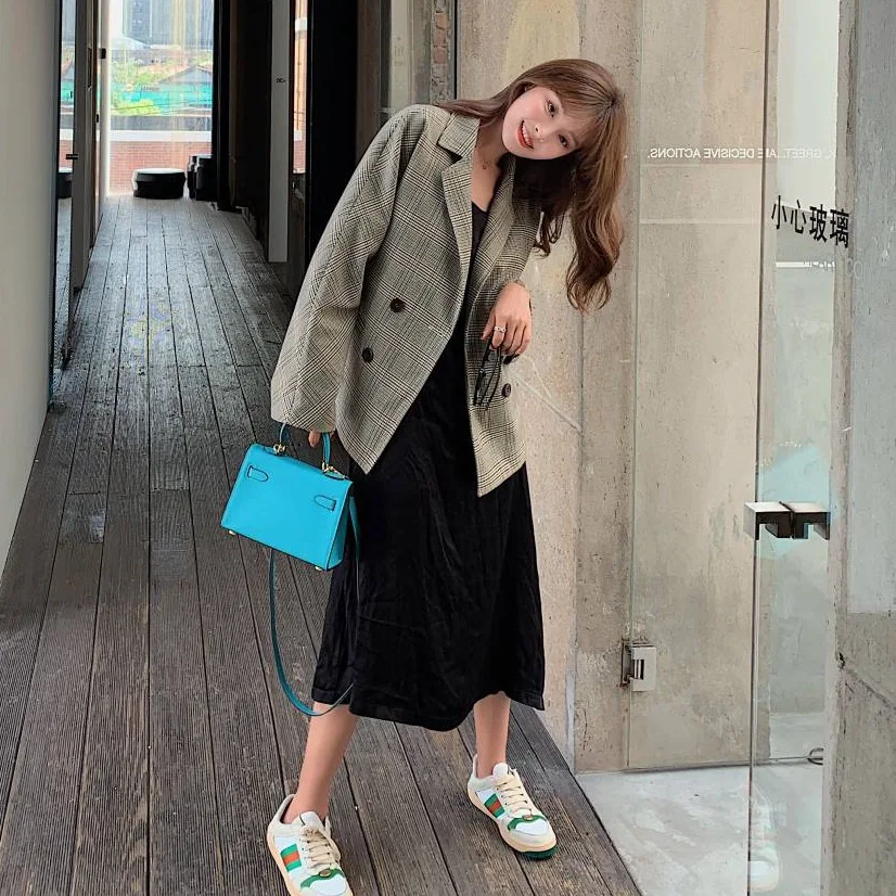 

Photo Shoot Main Push CHIC Retro Artistic Plaid Green Revers Cuff Double Breasted Loose-Fit Small Suit Coat Women's