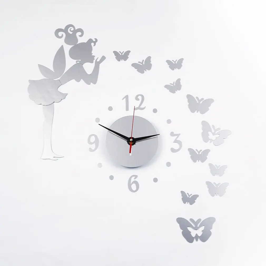

Fashion Home Decoration Silver Creative Fairy Butterfly Mirror Acrylic Wall Clock DIY Modern Wall Stikcer Safe and non-toxic