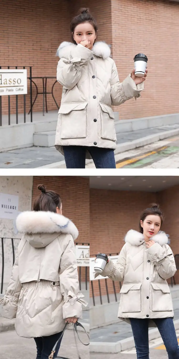 Women Winter White Duck Down Winter Jacket Big Natural Fox Fur Collar Hooded Parkas Coat Female Warm Casual OutERwear N145