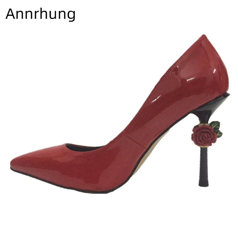 

New Autumn Shallow Shoes Rose Decor Thin Heel Pumps Sexy Pointed Toe High Heels Red Patent Leather Pumps Women Slim Shoes Woman