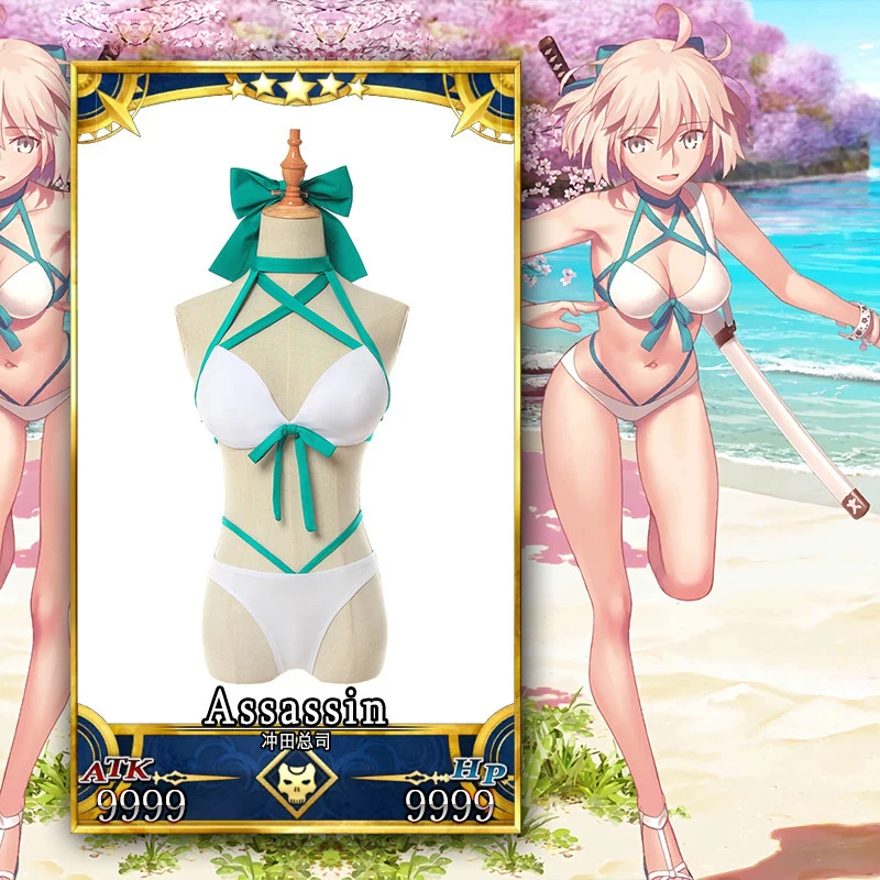 

Anime Fate/Grand Order Okita Souji Cosplay Costume Sexy Lolita Swimwear Swimsuit With Bow Headwear Bikini Set Bathing Suit