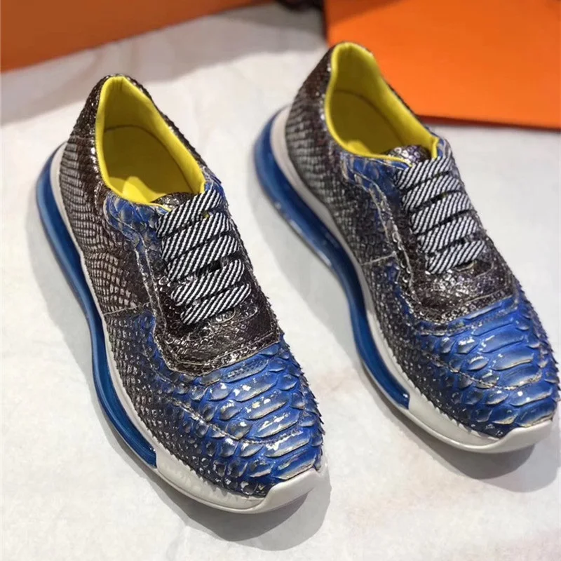 

Authentic Real Python Leather Male Female Unisex Chic Blue Sneakers Exotic Genuine Snakeskin Women Men Lace-up Casual Shoes