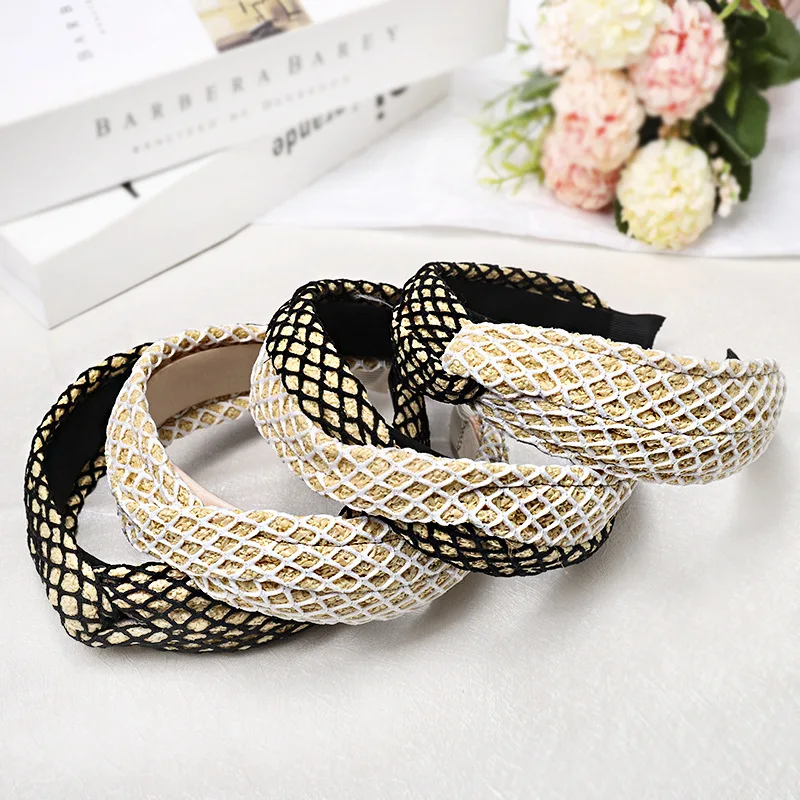 

Fashion Straw Weaving Hair Bands for Women Two-color Splice Headband Girls Cross Knot Hairband Hoop Yarn Grid Hair Accessories