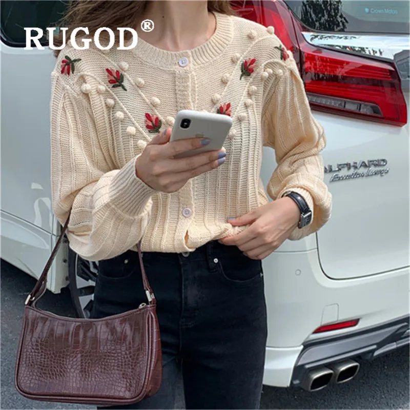 RUGOD Korean New Style O-neck Elegant Knitted Cardigan Flower Embroidery Sweaters Women Fashion