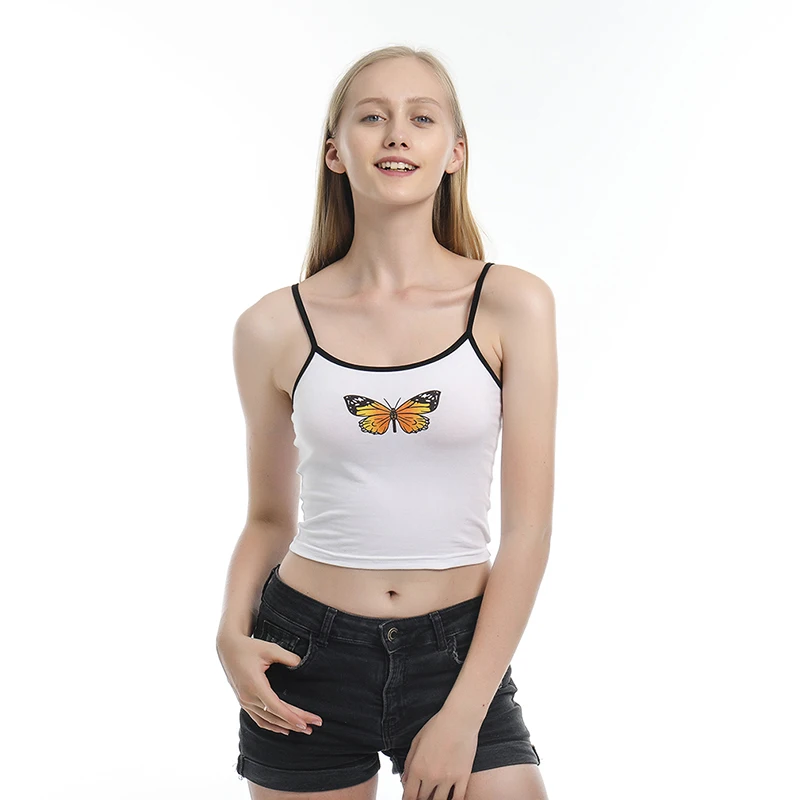 Summer Women Strap Crop Top Women Sexy Backless Leakage Navel Butterfly Print Camisole Sexy Top Breathable Crop tops