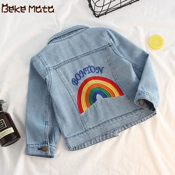 

Denim Jackets For Girls 2020 Spring Rainbow Print Toddler Girl Coat Kids Girls Jean Jacket Embroidery Children Outerwear Clothes
