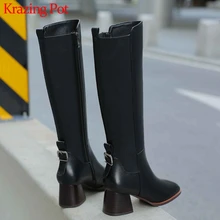 Krazing pot/натуральная кожа шик от европейского дизайнера, застежки-пряжки с квадратным носком Обувь на высоком каблуке сохраняющие тепло, на шнуровке сапоги до колена l9f5