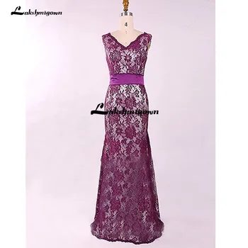 

Mermaid V-Neck Floor-Length Grape Lace Mother of the Bride Dress with Sash Mother of the Bride/Groom