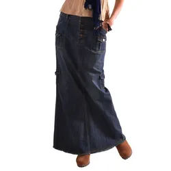 Moda saias longas mid cintura botão bolso frente reta denim maxi saias harajuku streetwear seção fina saia linha a 2021